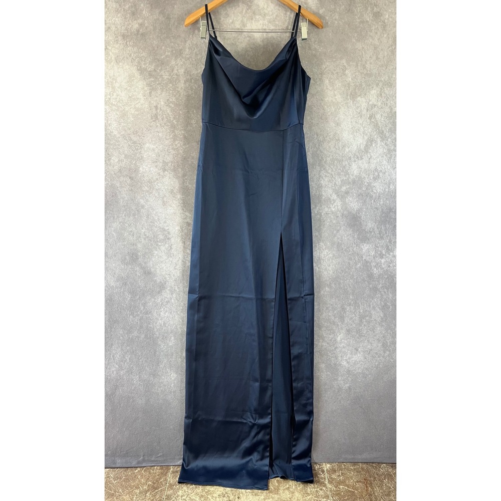 NBD Maxi Gown Womens Small Navy Blue Cowl Neck Side Slit Textured Satin NEW